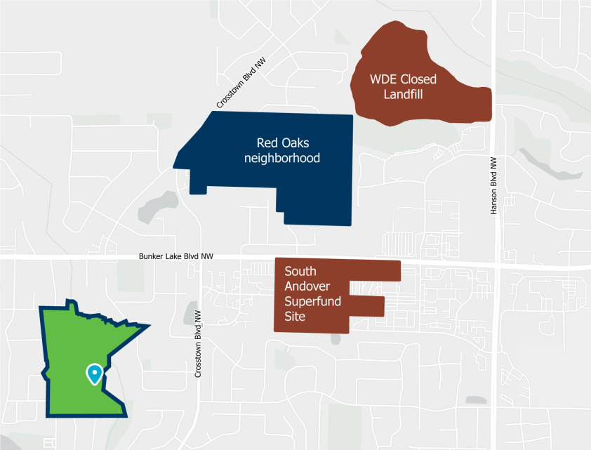 Map of Red Oaks neighborhood in Andover, located just north of the South Andover Superfund Site, and just southwest of the WDE closed landfill.