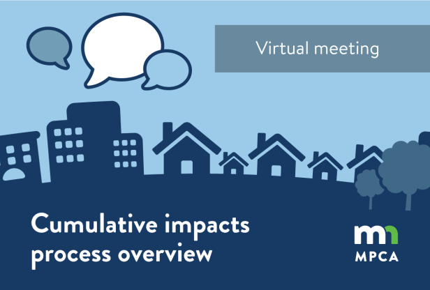 Cumulative impacts process overview virtual meeting. Graphic shows silhouettes of houses and buildings, and speech bubbles.