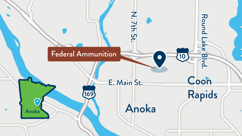 Map showing location of Federal Ammunition, 900 Bob Ehlen Drive in Anoka