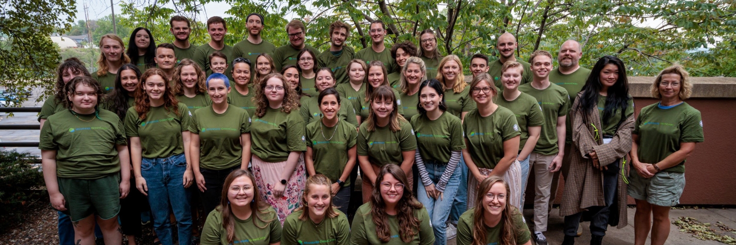 Large group of young people wearing Minnesota GreenCorps t-shirts.