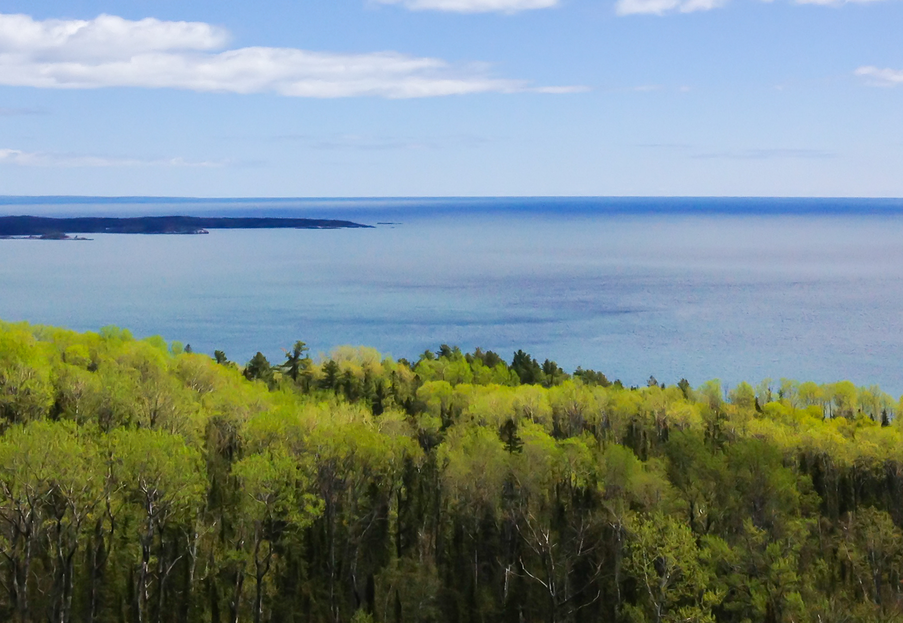 Aerial view over Lake Superior with trees in foreground. 