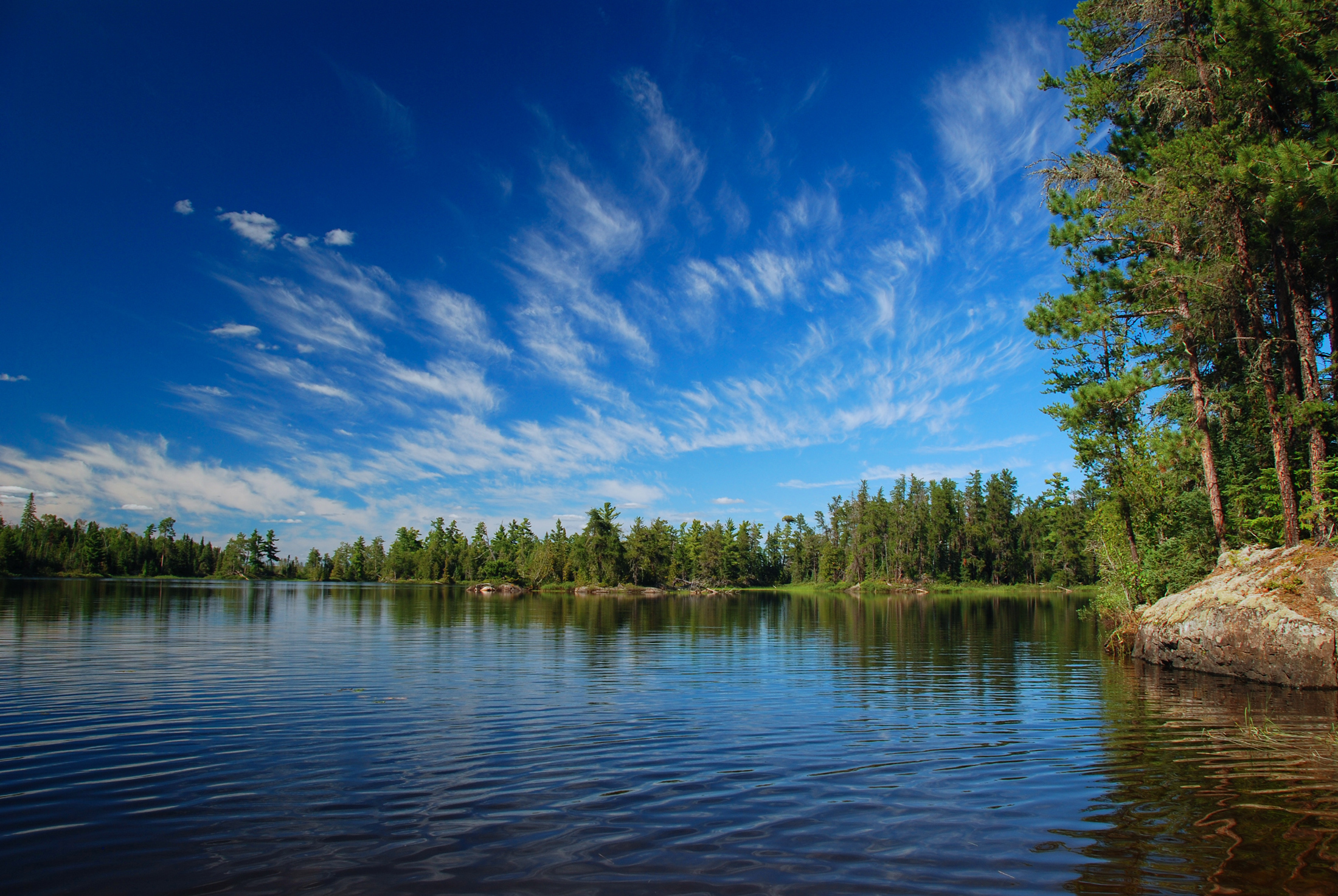 Blue sky with white clouds over wilderness lake.