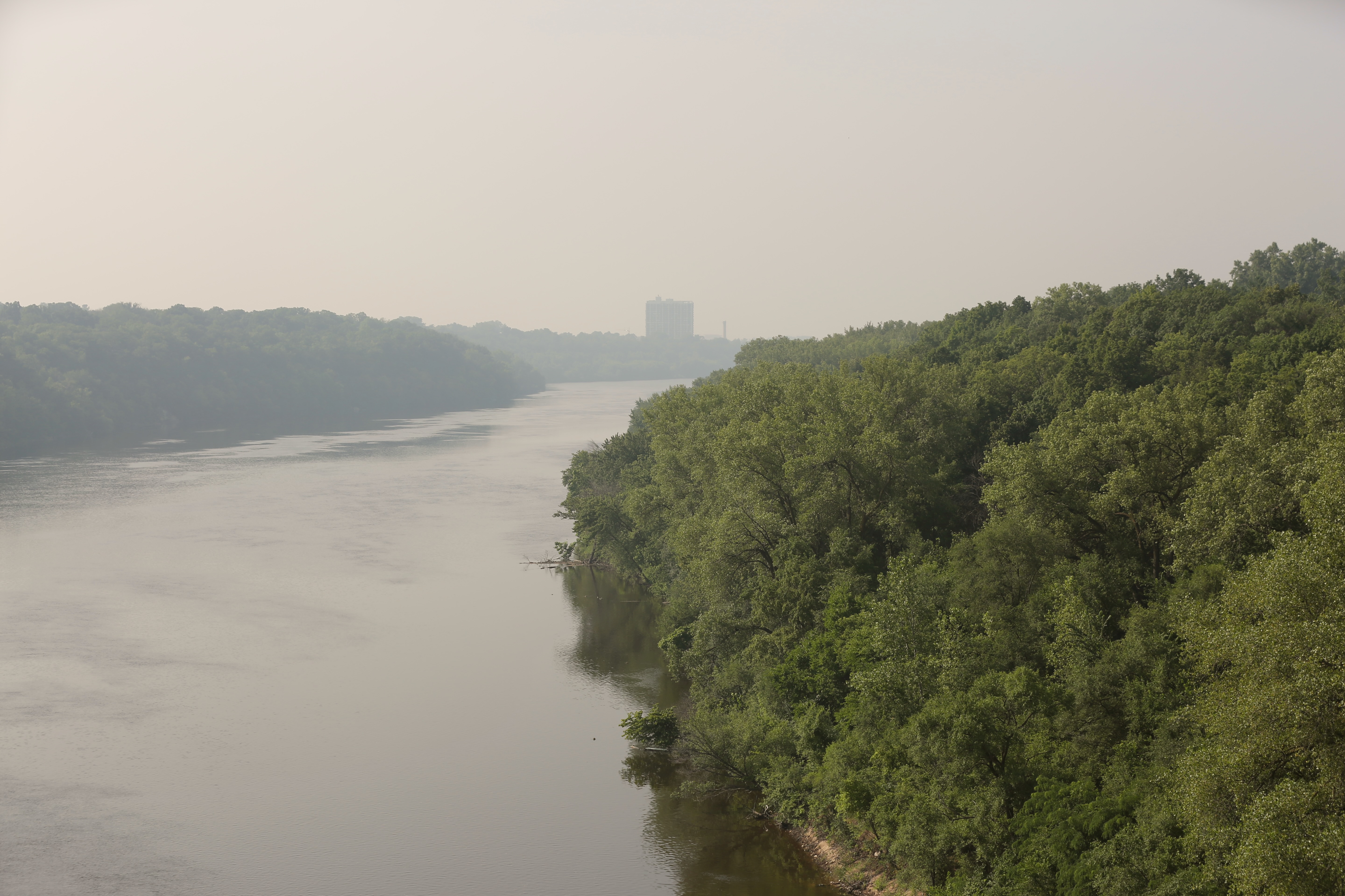 Smoke, haze, bad air quality due to wildfires in Canada during an AQI alert in 2025.