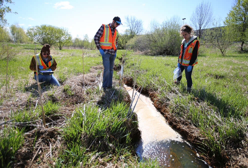 Workers standing in a field looking at a stream