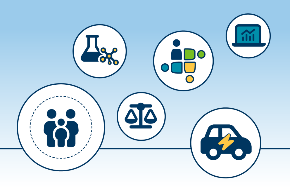 A graphic cluster of icons depicting the goals of the strategic plan, as explained on the strategic plan page.