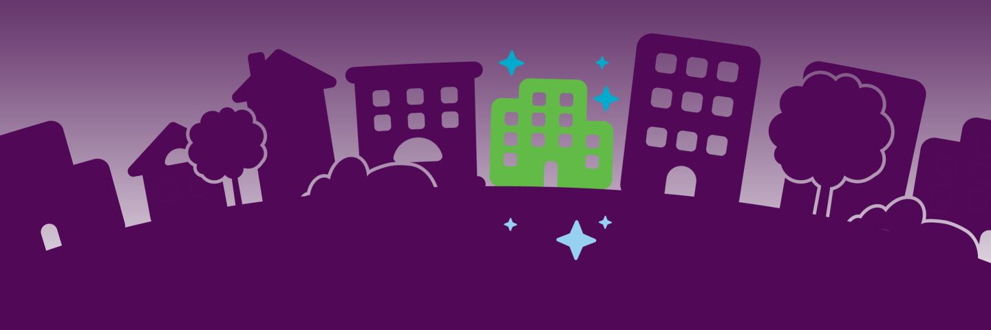 Silhouette of a purple cityscape of houses, buildings, and trees, one building is green and sparkling.