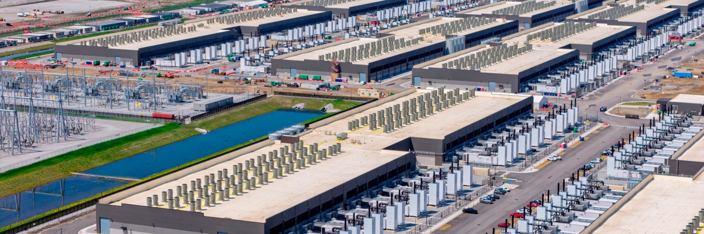 Aerial view of a data center complex.