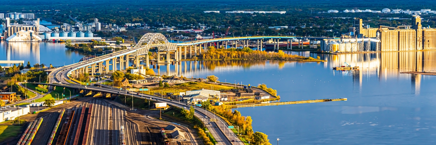 Overview of Blatnik Bridge in St Louis Bay and railroad yards in Duluth Minnesota.