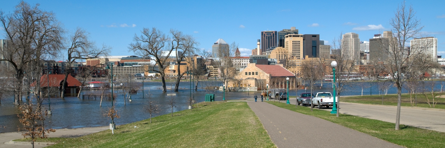 Panorama of the flooding Mississippi River, Harriet Island Park and downtown St. Paul, Minnesota in the background.