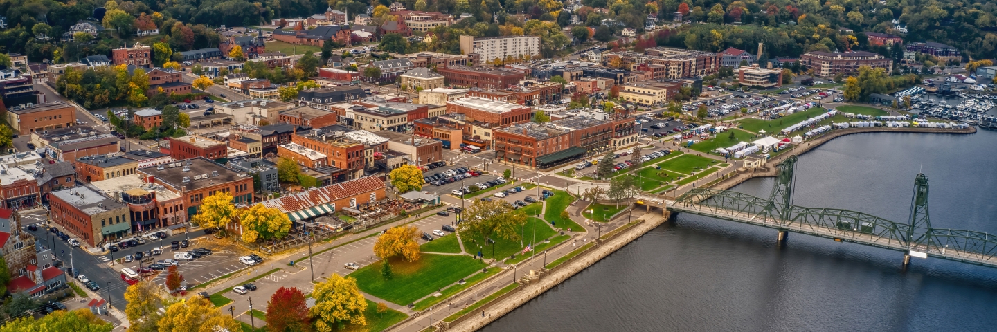 Aerial view of the town of Stillwater, Minnesota, the lift bridge, and the St. Croix river.