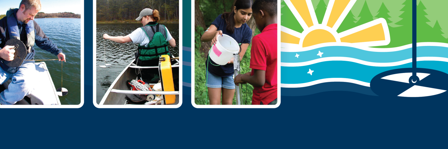 Volunteers conducting water monitoring using secchi disks and tubes.