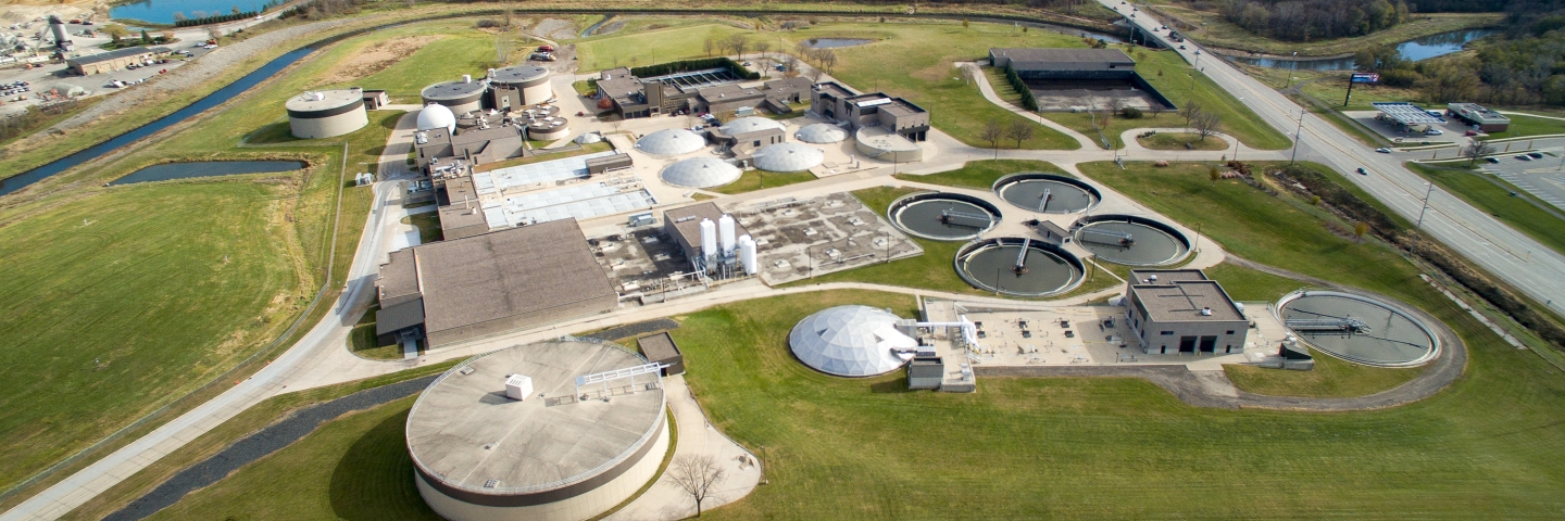 Aerial view of wastewater treatment plant.