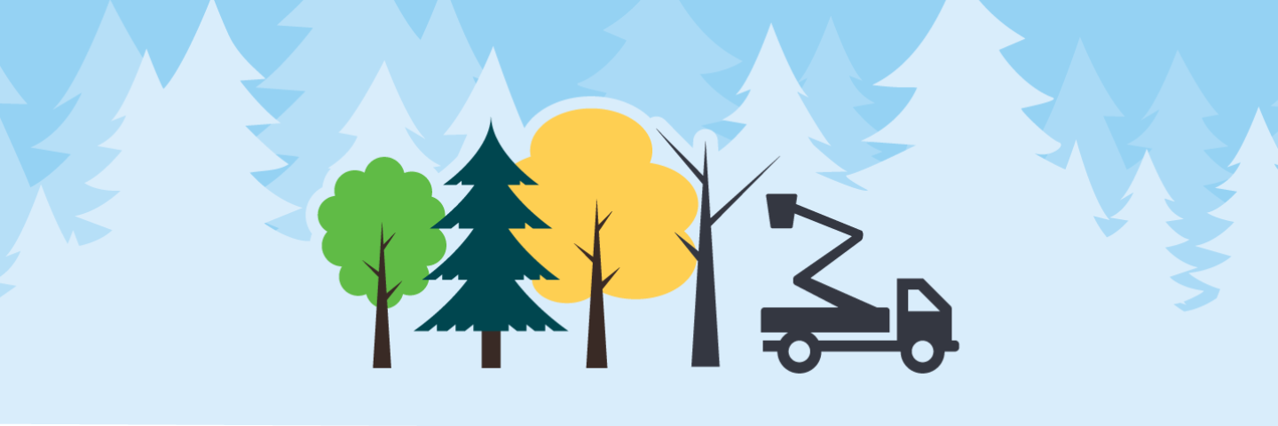 Graphic illustrating trees and a forestry bucket truck 