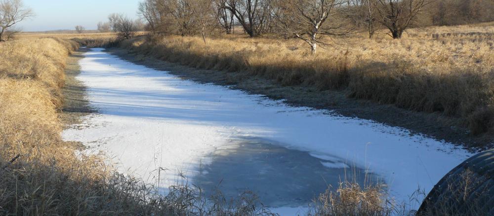 Small frozen stream running through wetland in winter.