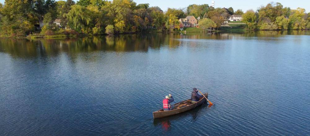 Aerial photo of canoeists on LeMay Lake in Eagan