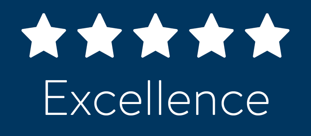Five white stars and the word Excellence on a blue background