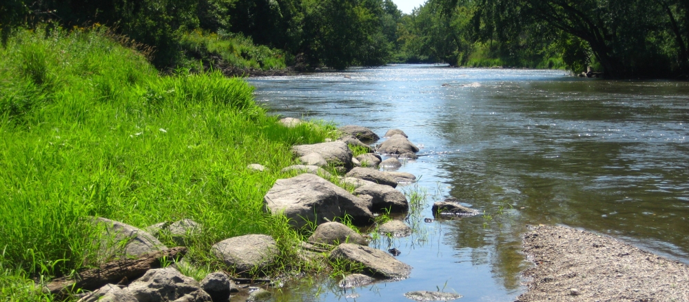 Close up of a small stream joining a larger river.