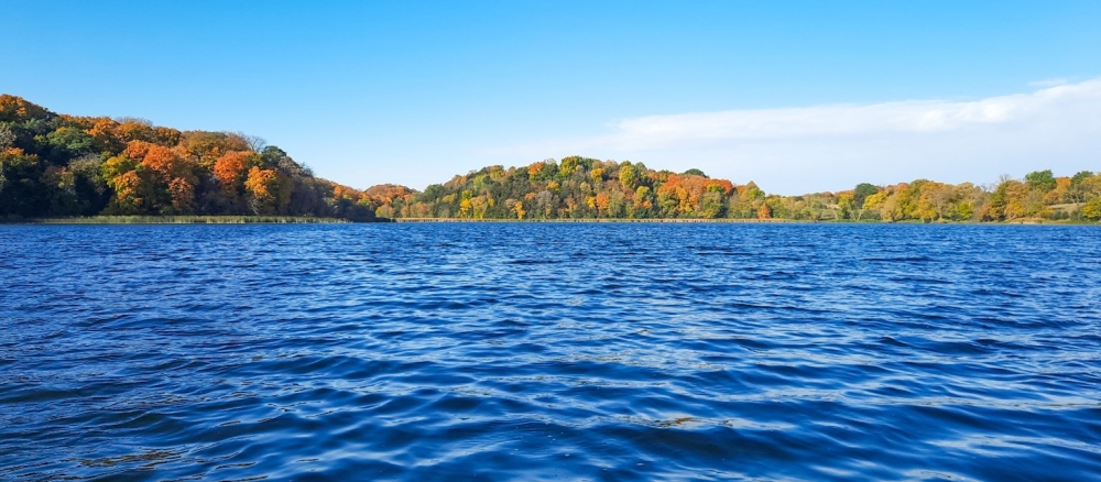Autumn trees surround a blue, wavy lake.