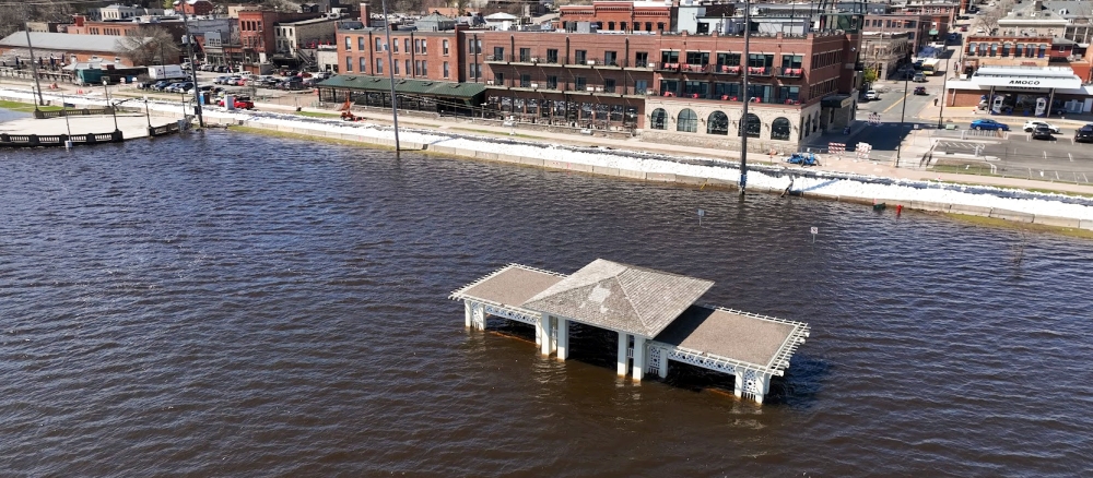 The Lowell Park gazebo submerged in flood water except for the roof in Stillwater, Minnesota.