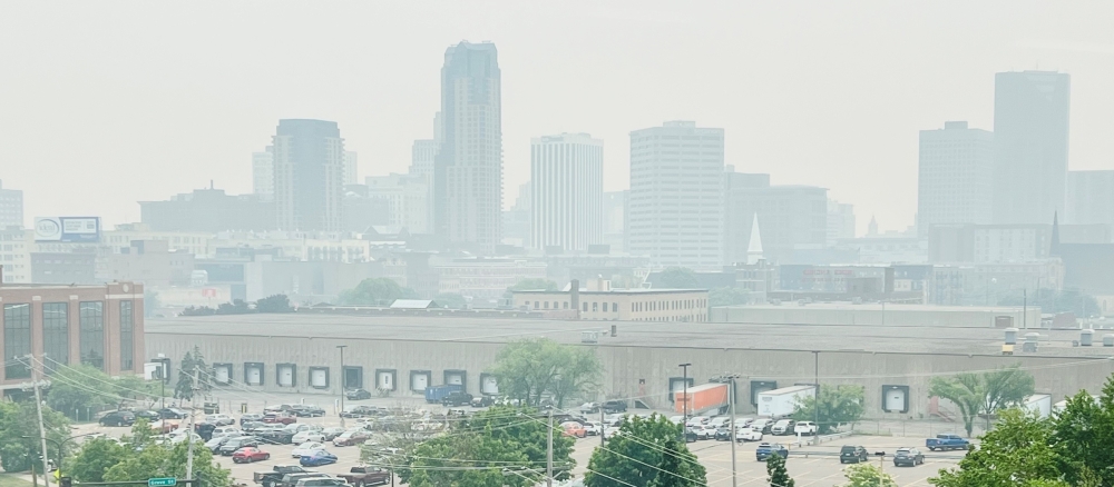 hazy skies in St. Paul during an air quality alert in the summer of 2023