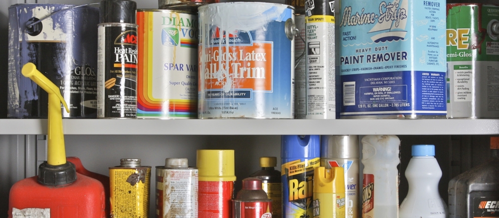 A cabinet of household hazardous waste products.