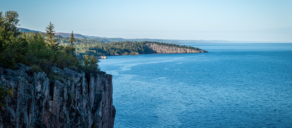 View of Lake Superior and north shore cliffs from the overlook of Palisade Head.