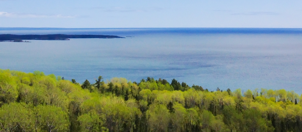 Aerial view over Lake Superior with trees in foreground. 