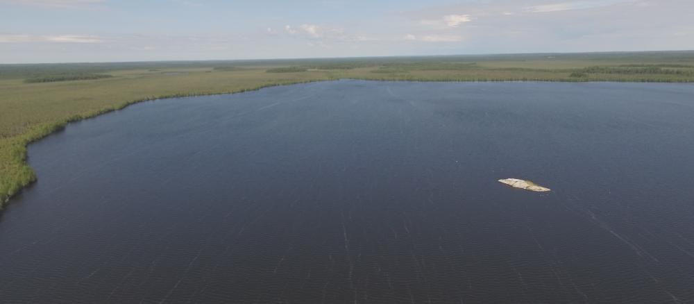 Aerial view of a large lake.