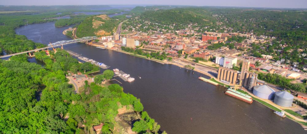 An aerial view of Red Wing Minnesota showing the Missisissippi River and Red Wing.