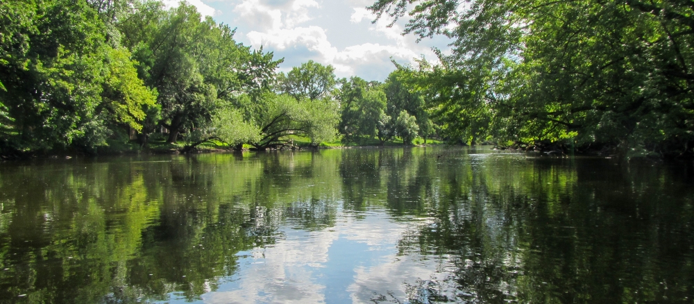 A wide, calm river reflecting the trees and sky.