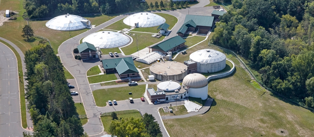 Aerial photo of a wastewater treatment plant.