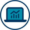 icon of a computer with a graph on the screen, depicting data