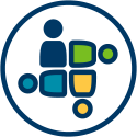 4 people depicted as an icon. One is dark blue, one light blue, one yellow, and one green-indicating diversity.