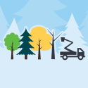 Graphic illustrating trees and a forestry bucket truck 