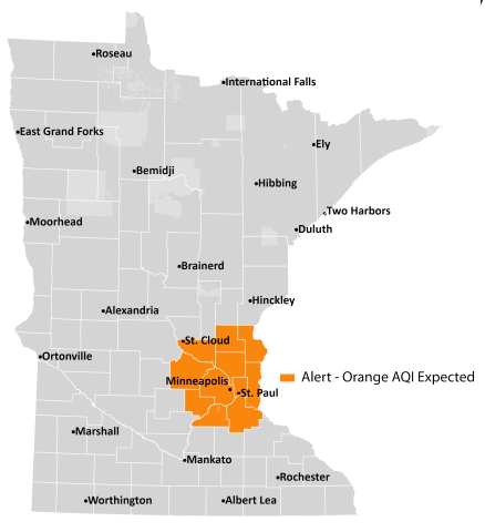 Map of Minnesota showing areas that the air alert is active. Air quality is expected to reach orange in central and northwestern Minnesota, which is considered unhealthy for sensitive groups.