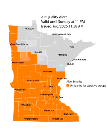 map showing air quality alert issued on June 6 for western and southern Minnesota