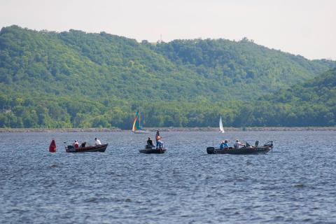 Three boats full of people fishing on Lake Pepin, Minnesota