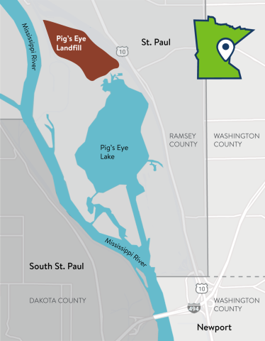 Map depicting the location of Pig's Eye Landfill, just north of Pig's Eye Lake in Ramsey County