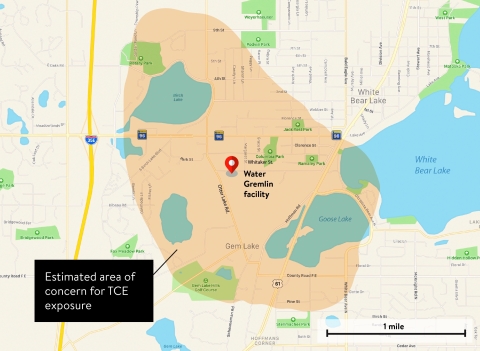 Updated map of White Bear Lake showing Water Gremlin facility at Otter Lake Rd and Whitaker St. The estimated area of concern extends approximately a mile in every direction from the facility.