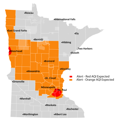 Map of Minnesota showing areas that the air alert is active. Air quality is expected to reach orange in central and northwestern Minnesota, which is considered unhealthy for sensitive groups.