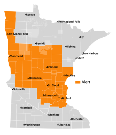 Map of Minnesota showing areas that the air alert is active. Affected areas are central and north central parts of the state.