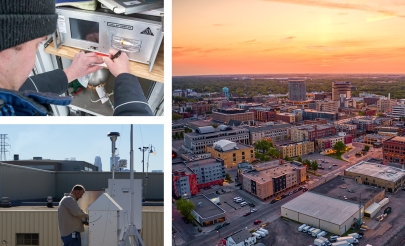 group of three images showing activities and equipment related to air monitoring, along with a drone photo of a cityscape