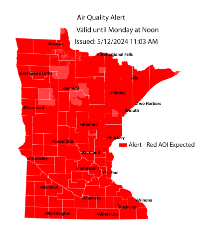 Map showing active air quality alert in the red category for the entire state of Minnesota.