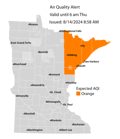 Map showing active air quality alert in the orange category for northeast Minnesota.
