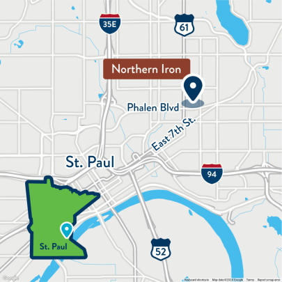 Map showing location of Northern Iron, 1 block west of the conjunction of East 7th Street and Phalen Blvd in St. Paul.