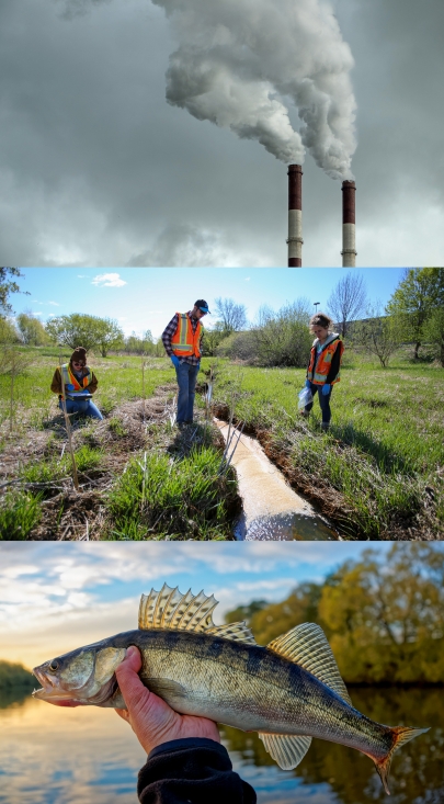 Top image: industrial smoke stacks. Middle image: three workers looking at foam on top of a small stream. Bottom image: Hand holding up a walleye.