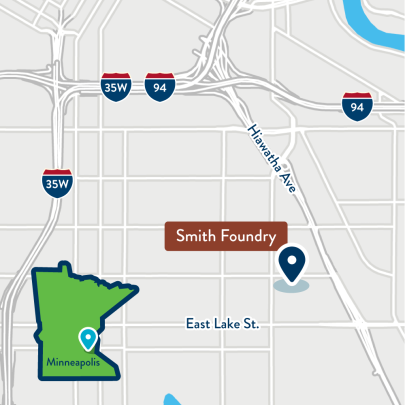 Map showing location of Smith Foundry in Minneapolis, just east of Hiawatha Ave and north of East Lake Street.