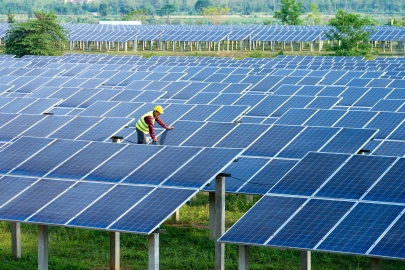 Worker checking solar panels in field.
