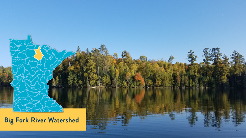 Photo of trees reflected in a calm lake. Graphic overlay of map showing Big Fork River Watershed location in north central Minnesota. 
