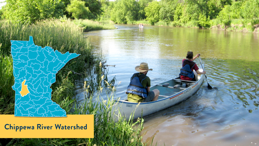 Photo of two people in a canoe on a calm brown river. Graphic overlay of map showing Chippewa Watershed location in western Minnesota. 